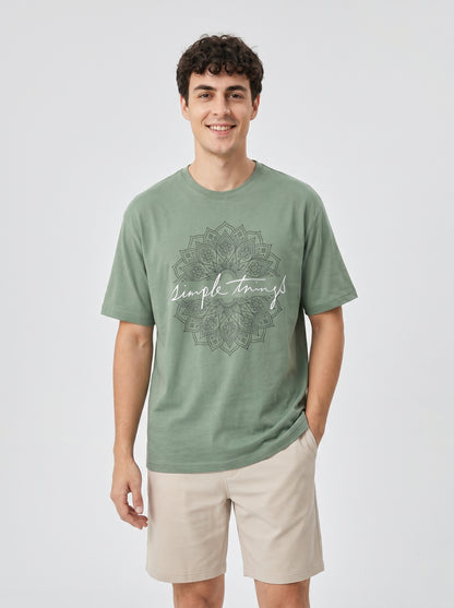 Mens Half Sleeve Oversized Cotton Blend Crew Neck Tshirt - Olive