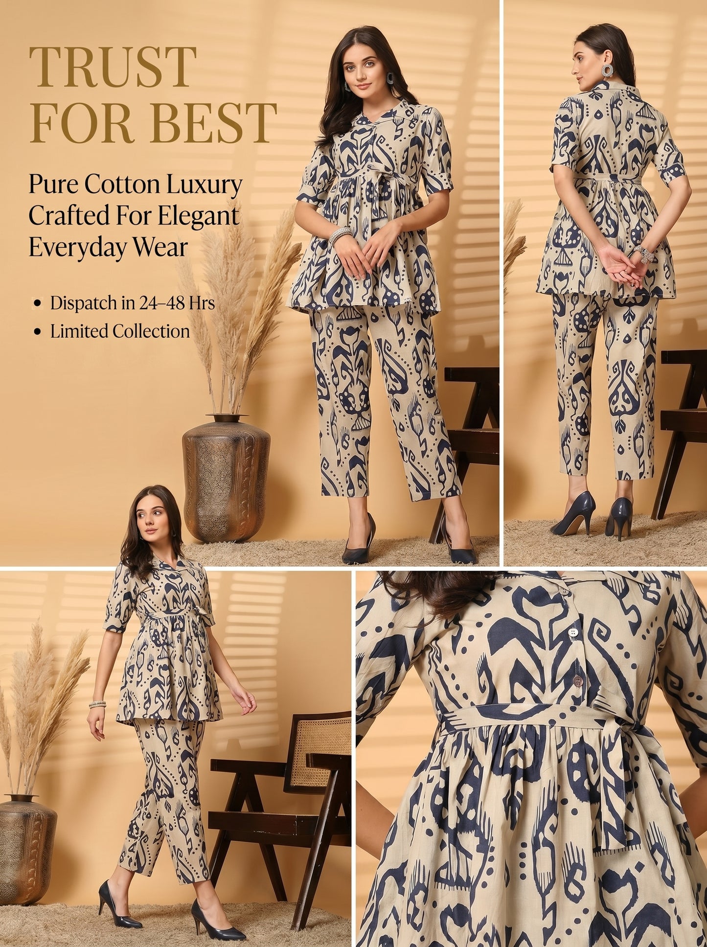 Blue & Beige Printed Pure Cotton Co-Ord Set for Women
