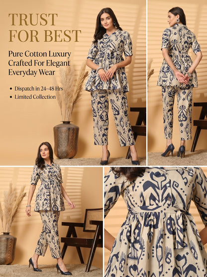 Blue & Beige Printed Pure Cotton Co-Ord Set for Women