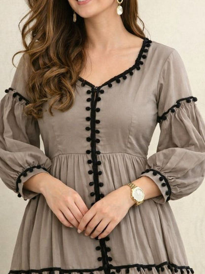 Brown Solid A-Line Dress with Puff Sleeves for Women
