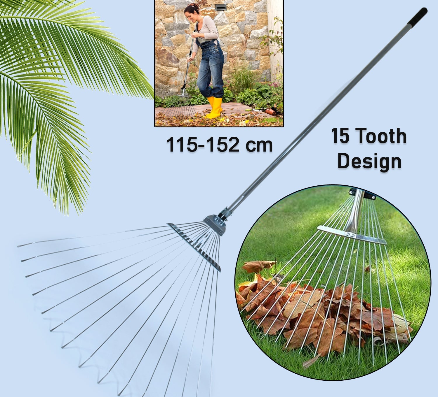 Adjustable Garden Rake 115–152 CM – Stainless Steel Telescopic Leaf Rake with Long Handle for Lawn & Yard Clean Up (MOQ: 12 pcs)