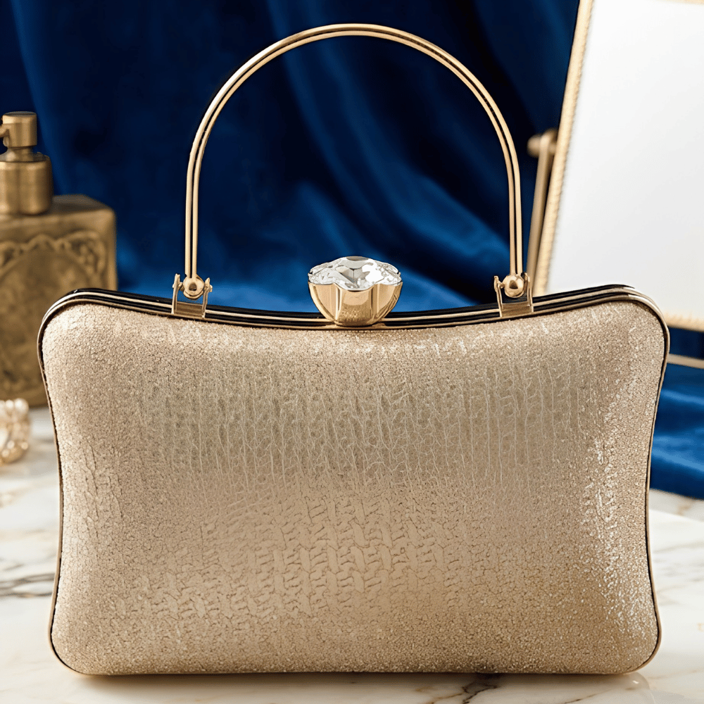 Champagne Glow Luxe Evening Clutch Bag for Women | Shimmer Party Clutch with Crystal Clasp
