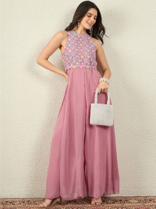 Embroidered Halter Neck Jumpsuit for Women | Sleeveless Polyester Casual Wear