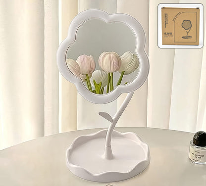 Flower-Shaped Makeup Mirror – Rotatable Vanity Mirror with Tray | Cute Aesthetic Tabletop Mirror for Desk & Room Decor