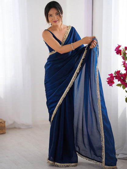 Navy Blue Sequinned Tissue Saree with Embroidered Border
