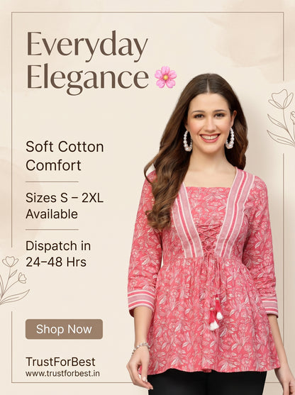 Pink Floral Cotton Empire Top for Women | Longline Square Neck Tie-Up Top