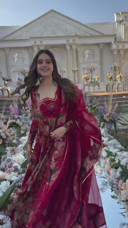 BYMNVYR Floral Anarkali Gown with Dupatta – Georgette, Long Sleeve, Party Wear (No Bottom)