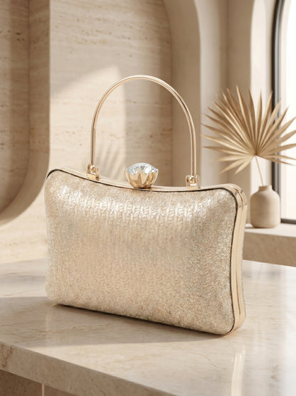 Champagne Glow Luxe Evening Clutch Bag for Women | Shimmer Party Clutch with Crystal Clasp