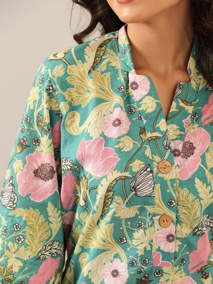 Floral Printed Mandarin Collar Pure Cotton Tunic With Palazzos