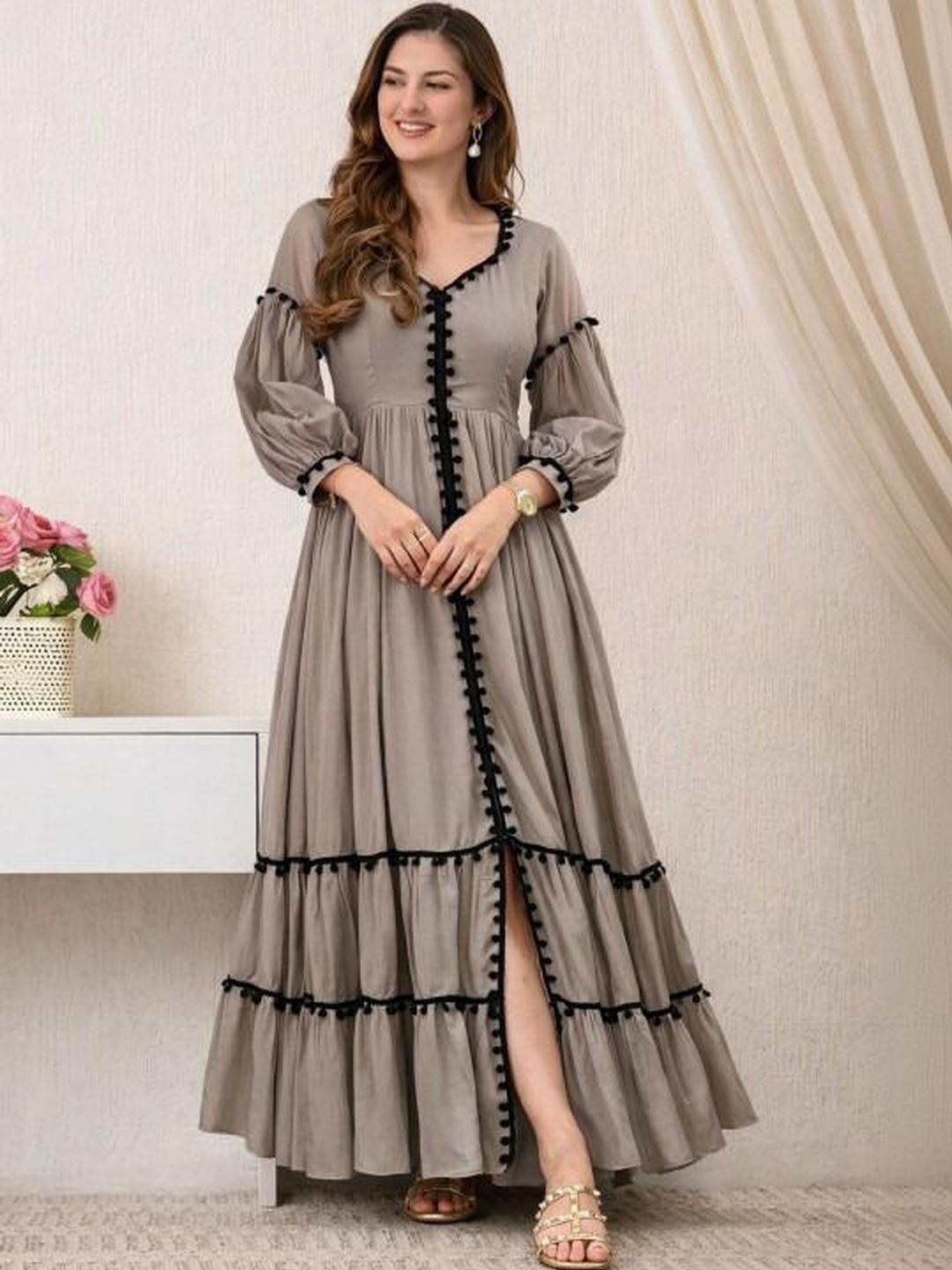 Brown Solid A-Line Dress with Puff Sleeves for Women