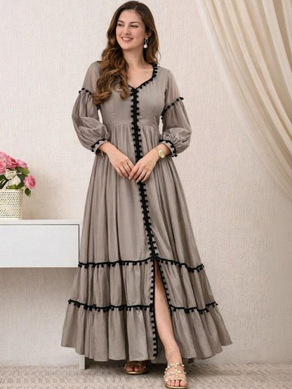 Brown Solid A-Line Dress with Puff Sleeves for Women