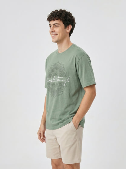 Mens Half Sleeve Oversized Cotton Blend Crew Neck Tshirt - Olive
