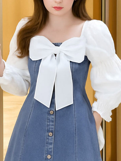 Square Neck Puff Sleeve Denim A-Line Dress