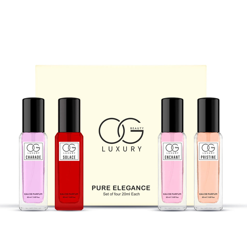OG Beauty Luxury Pure Elegance Eau De Parfum Gift Set – 4 Pcs (Charade, Solace, Enchant, Pristine) | 20 ml Each – Long-Lasting Premium Fragrances for Men & Women