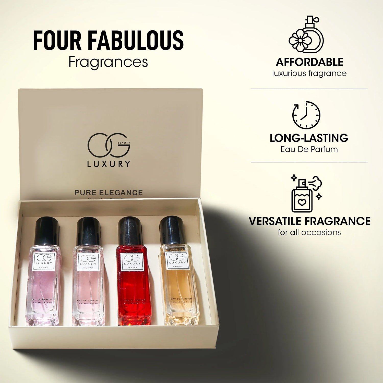 OG Beauty Luxury Pure Elegance Eau De Parfum Gift Set – 4 Pcs (Charade, Solace, Enchant, Pristine) | 20 ml Each – Long-Lasting Premium Fragrances for Men & Women