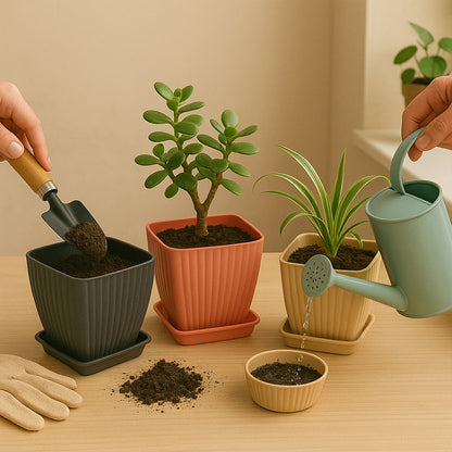 Trendy Square Plastic Flower Pots Set of 5 with Drainage Tray – Indoor & Outdoor Garden Planters, Lightweight Durable Plant Pots for Herbs, Succulents & Flowers
