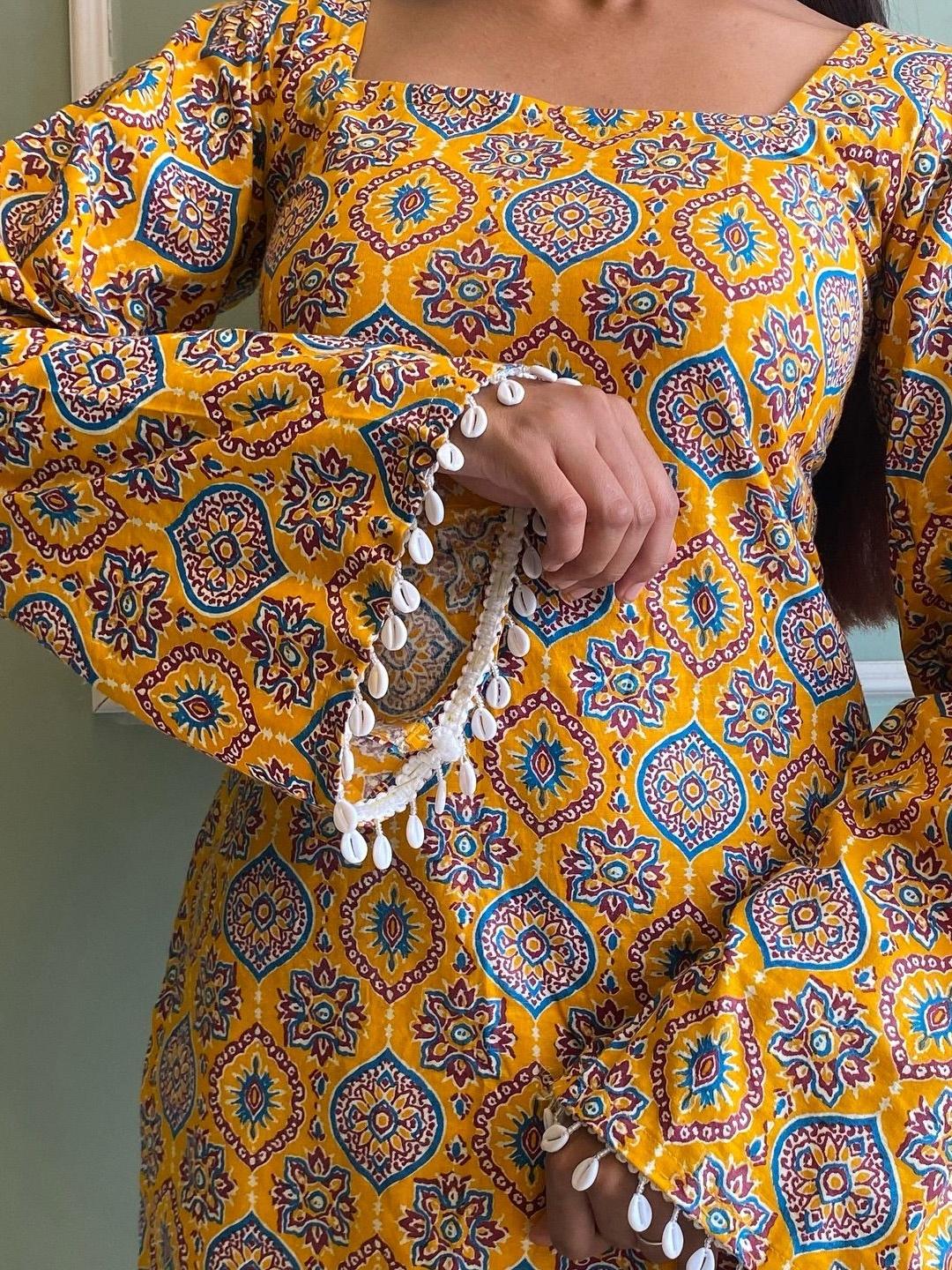 Yellow & Blue Ethnic Motif Printed Cotton Kurti for Women