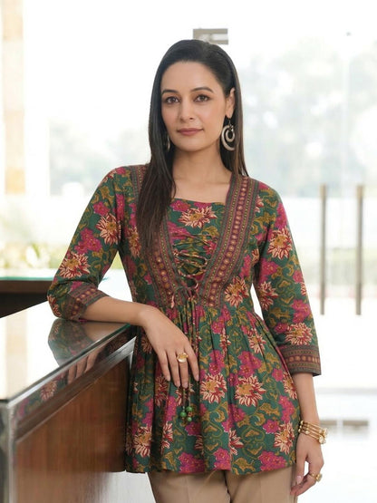 Women’s Floral Printed Rayon Peplum Top – V-Neck Tie-Up Kurti