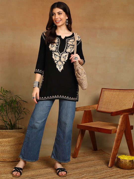 Black Gold Aari Work Kurti for Women | Embroidered Straight Liva Kurta
