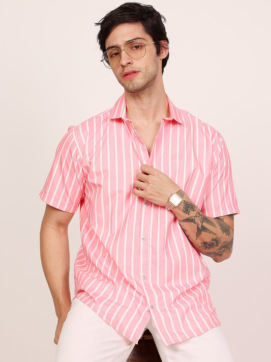 Men's Vertical Stripes Regular Spread Collar Pink Shirts