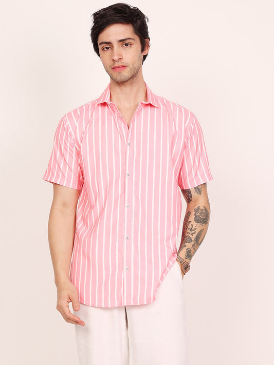 Men's Vertical Stripes Regular Spread Collar Pink Shirts