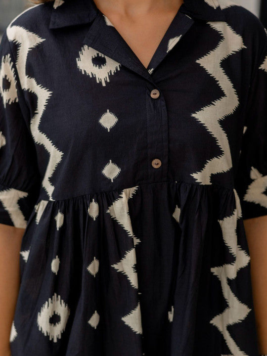 Black & Beige Printed Cotton Co-Ord Set for Women