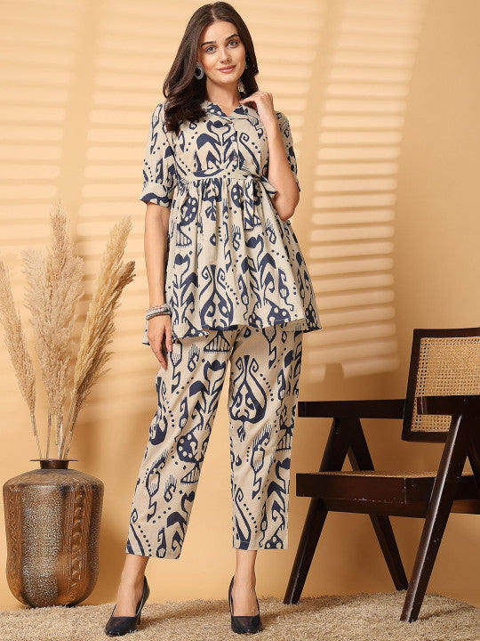 Blue & Beige Printed Pure Cotton Co-Ord Set for Women