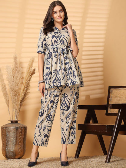 Blue & Beige Printed Pure Cotton Co-Ord Set for Women