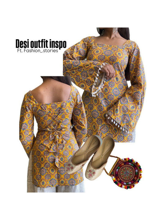 Yellow & Blue Ethnic Motif Printed Cotton Kurti for Women