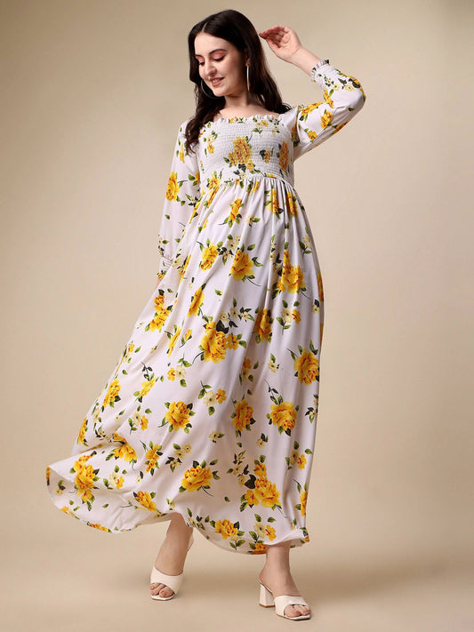 White Floral Square Neck Dress – Elegant Skater Style