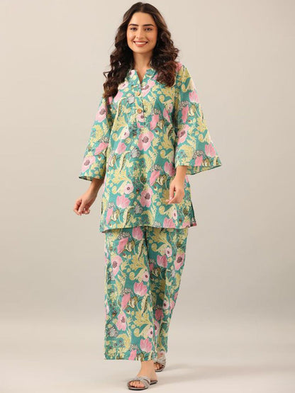 Floral Printed Mandarin Collar Pure Cotton Tunic With Palazzos