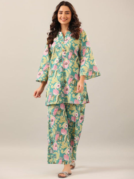 Floral Printed Mandarin Collar Pure Cotton Tunic With Palazzos