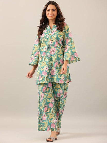 Floral Printed Mandarin Collar Pure Cotton Tunic With Palazzos