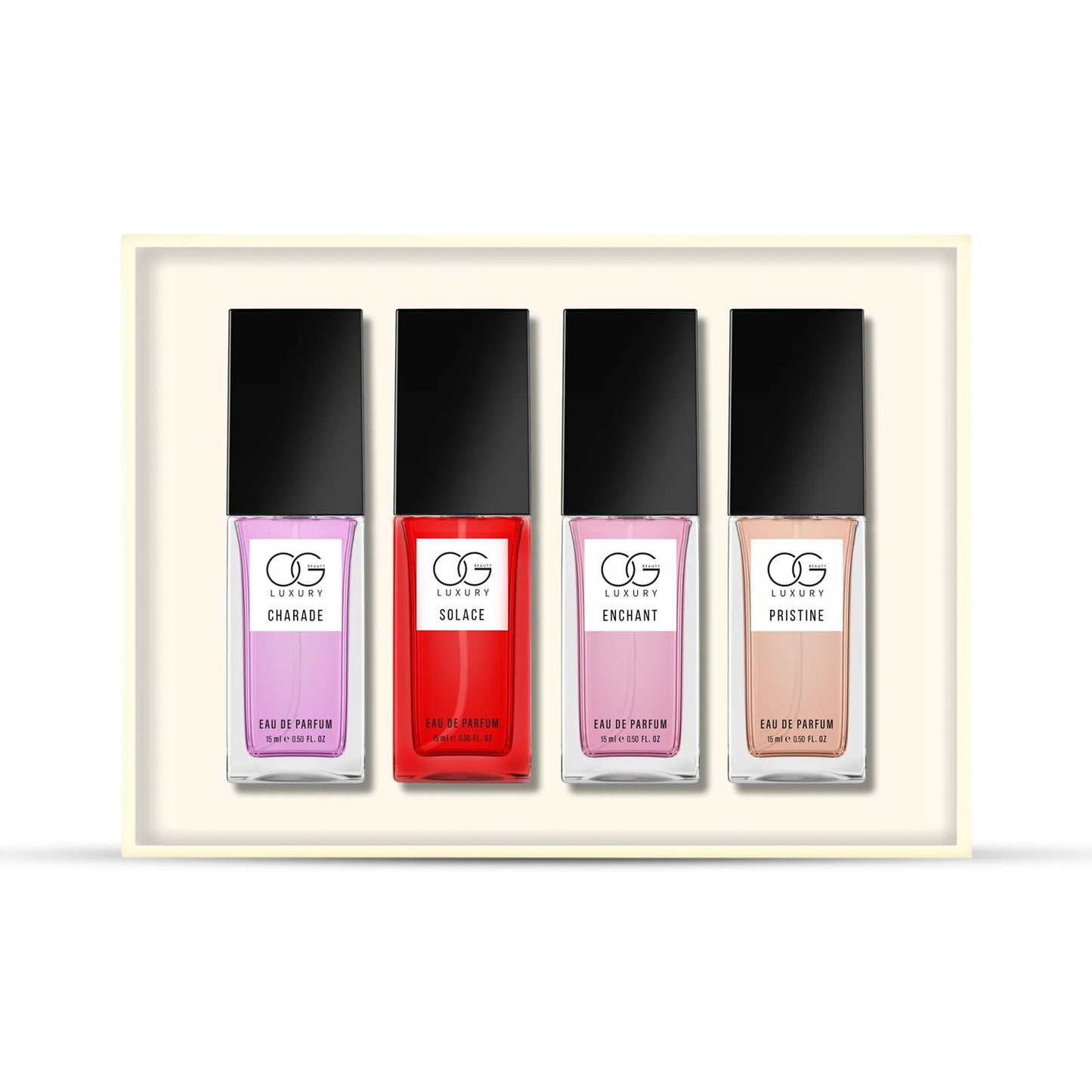 OG Beauty Luxury Pure Elegance Eau De Parfum Gift Set – 4 Pcs Premium Long Lasting Perfumes – Charade, Solace, Enchant & Pristine – 15 ML Each – Unisex Travel & Gift Collection