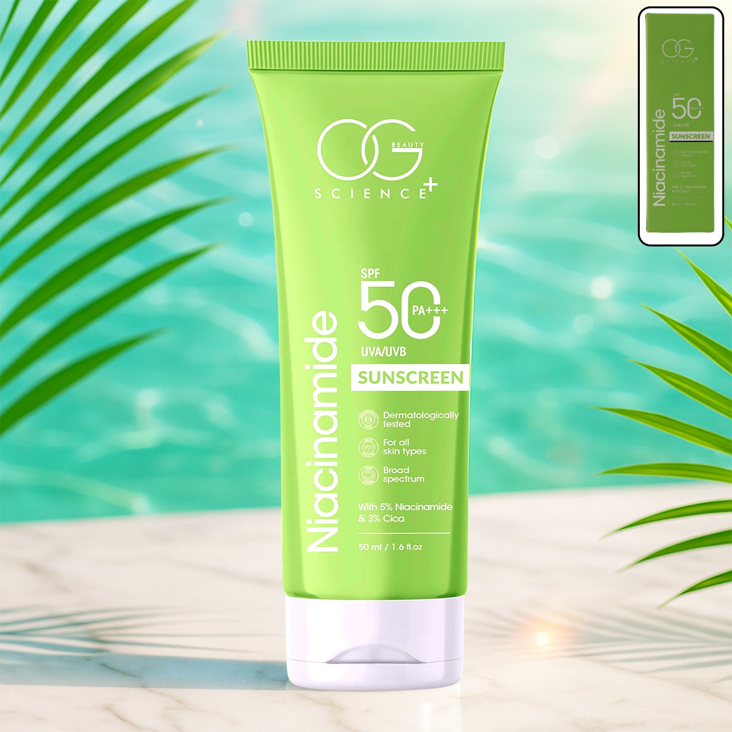OG Beauty 50 ML Niacinamide Sunscreen SPF 50 PA+++ – Broad Spectrum UVA/UVB Protection, Dermatologically Tested Sun Cream for All Skin Types
