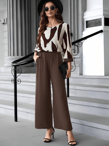 Brown Printed Casual Jumpsuit for Women with Pockets