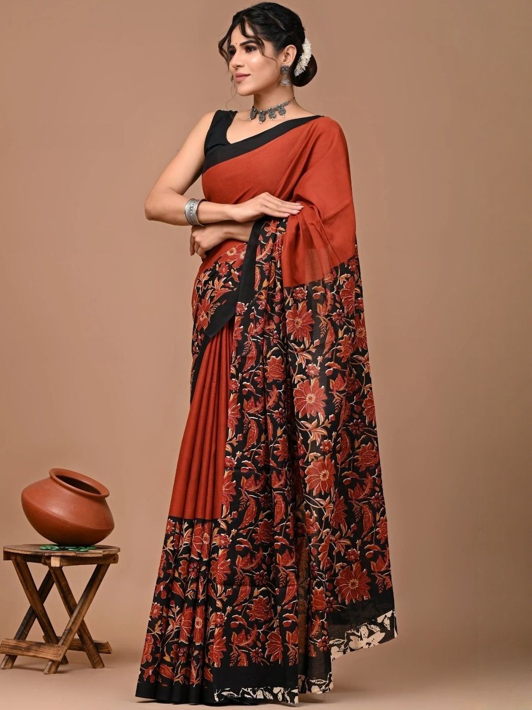 Brown Ikat Floral Printed Pure Cotton Saree for Women