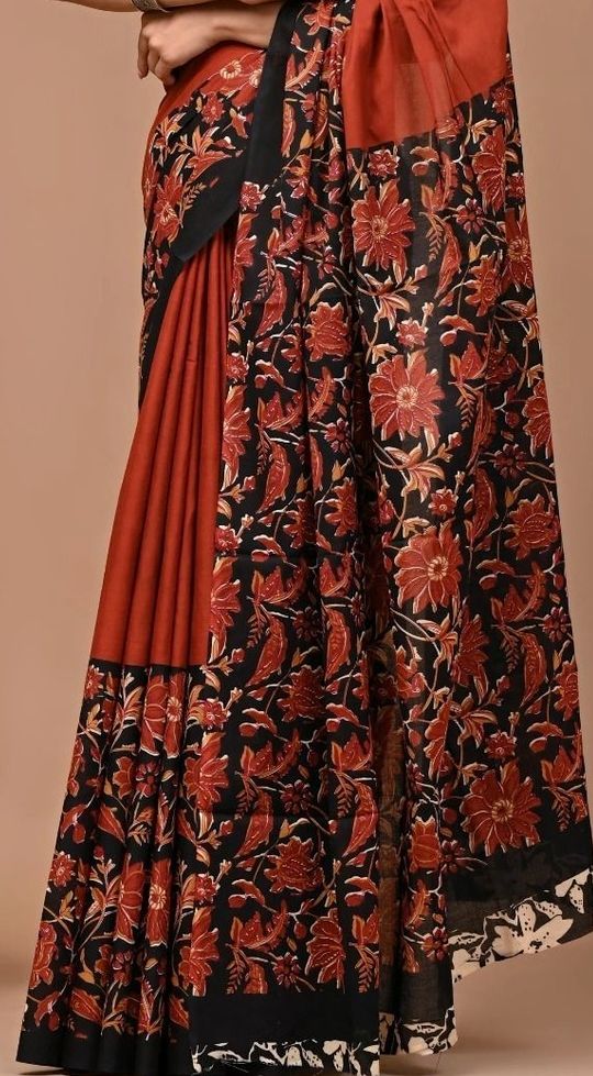 Brown Ikat Floral Printed Pure Cotton Saree for Women
