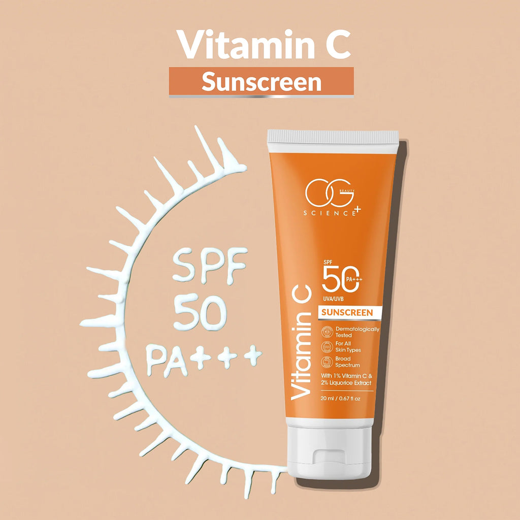 OG Beauty 20 ML Vitamin C Sunscreen SPF 50 PA+++ with Liquorice Extract – Broad Spectrum UVA/UVB Protection, Skin Brightening & Sun Care Cream for All Skin Types