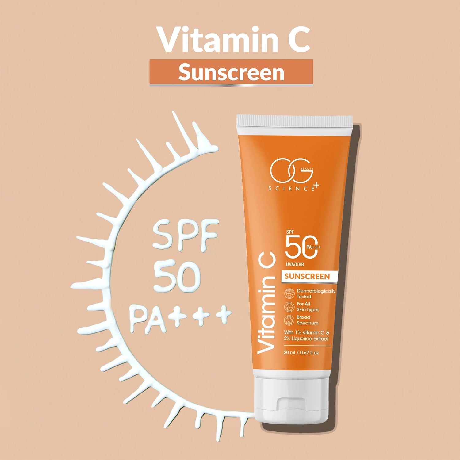 OG Beauty 20 ML Vitamin C Sunscreen SPF 50 PA+++ with Liquorice Extract – Broad Spectrum UVA/UVB Protection, Skin Brightening & Sun Care Cream for All Skin Types