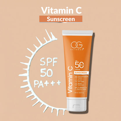 OG Beauty 20 ML Vitamin C Sunscreen SPF 50 PA+++ with Liquorice Extract – Broad Spectrum UVA/UVB Protection, Skin Brightening & Sun Care Cream for All Skin Types