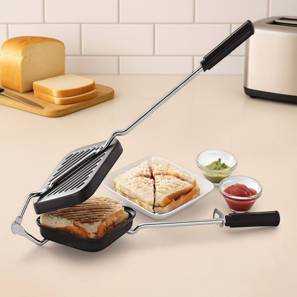 Apex Heavy Gauge Aluminium Grill Sandwich Toaster with Superior Non-Stick Double Coating – Gas Stove Compatible Manual Toaster with Long Bakelite Handle – Makes Crisp &amp; Tasty Grilled Sandwiches Easily at Home