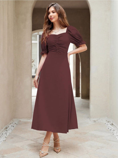 Puff Sleeve A-Line Midi Dress