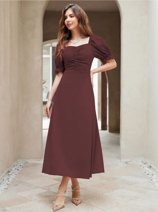 Puff Sleeve A-Line Midi Dress